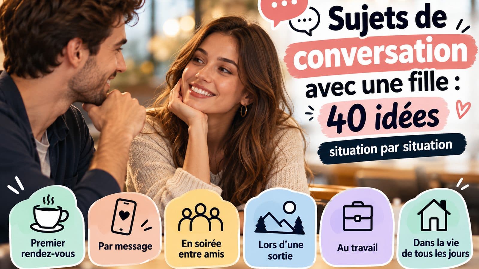 Un homme et une femme se sourient à une table de café ; titre « Sujets de conversation avec une fille : 40 idées » et six situations illustrées