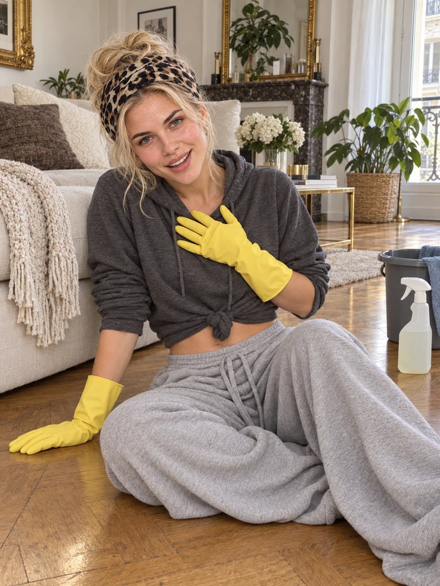 Anaya en sweat gris et foulard léopard, assise par terre, des gants de ménage jaunes aux mains
