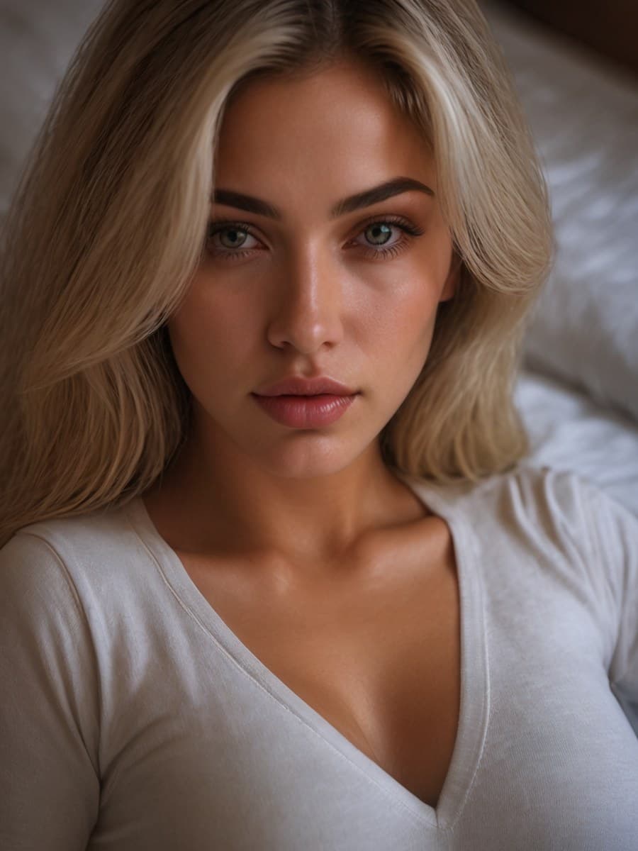 Anaya allongée sur des draps blancs, en tee-shirt blanc col V, le regard vers l'objectif
