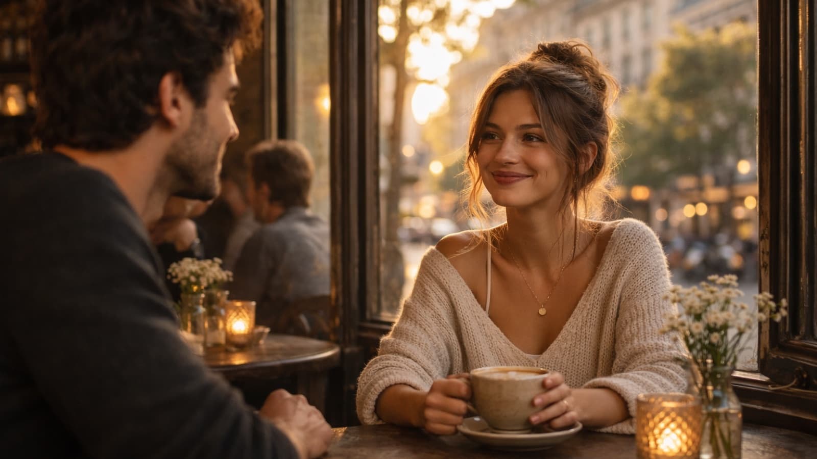 Dans un café baigné de lumière chaude, une femme sourit avec assurance à un homme assis à la table voisine et engage la conversation.